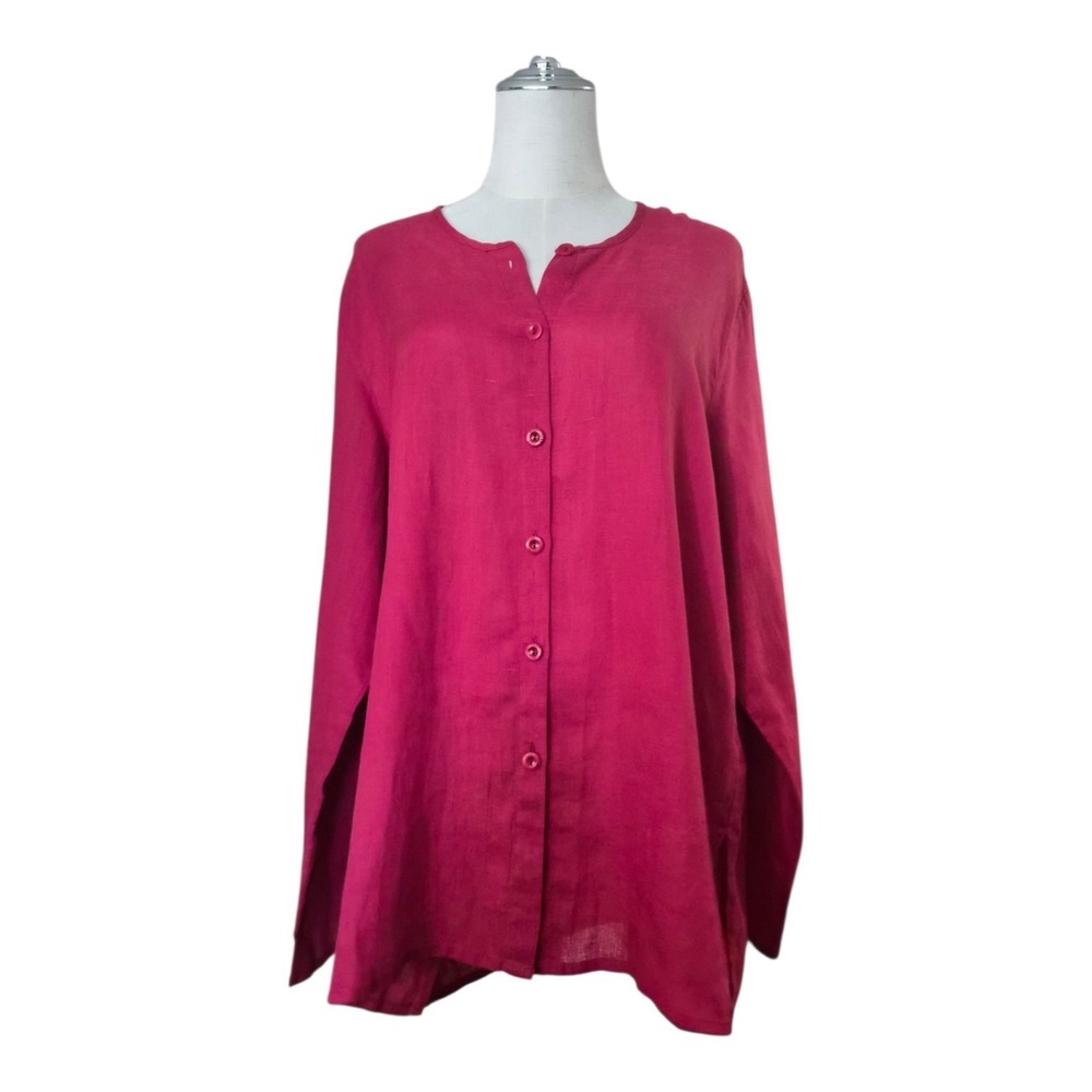FLAX Jeanne Engelhart 100% Linen Button Front Tunic Top Red Longsleeve M